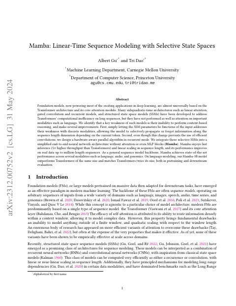 Cover of Mamba: Linear-Time Sequence Modeling with Selective State Spaces